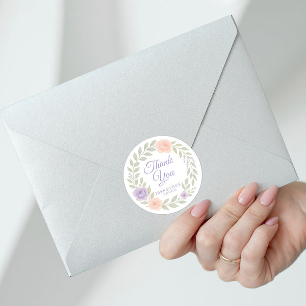 Personalised Floral Wedding Thank You Stickers – Custom Name & Date Pastel Wreath Labels