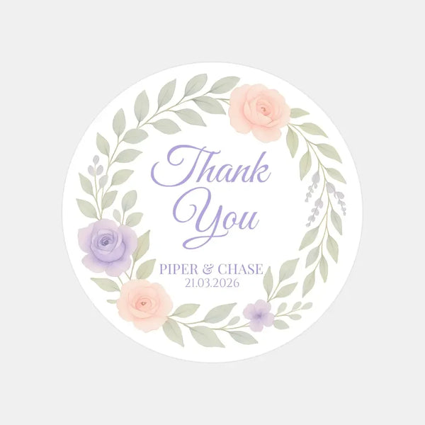 Personalised Floral Wedding Thank You Stickers – Custom Name & Date Pastel Wreath Labels - Sticksy Prints Australia