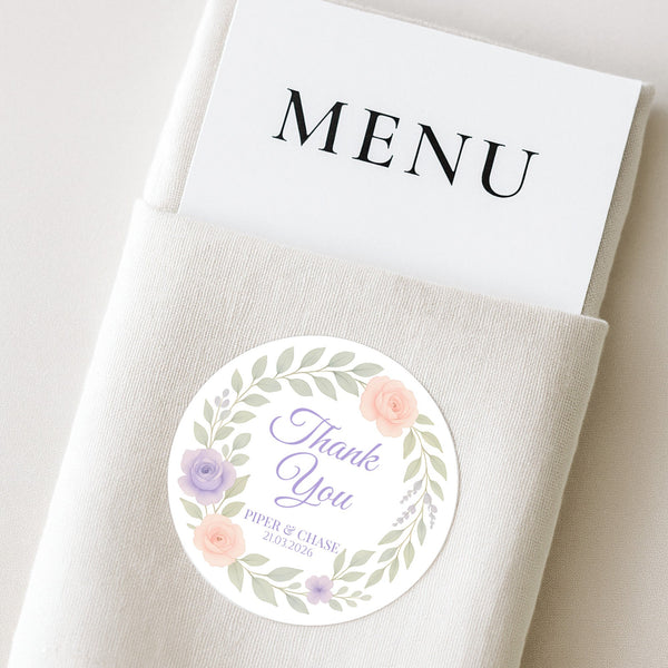 Personalised Floral Wedding Thank You Stickers – Custom Name & Date Pastel Wreath Labels