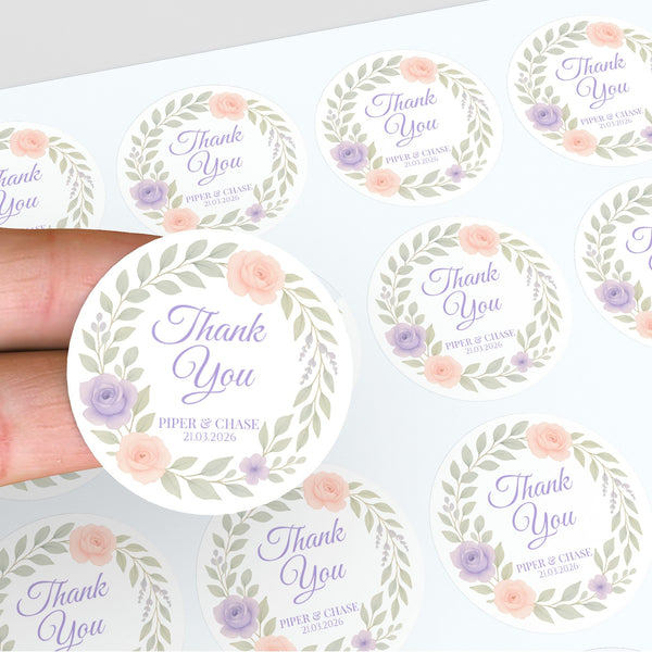 Personalised Floral Wedding Thank You Stickers – Custom Name & Date Pastel Wreath Labels