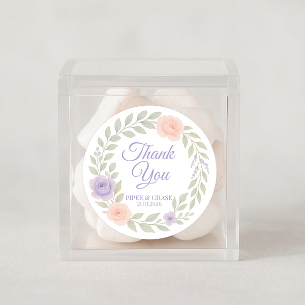Personalised Floral Wedding Thank You Stickers – Custom Name & Date Pastel Wreath Labels