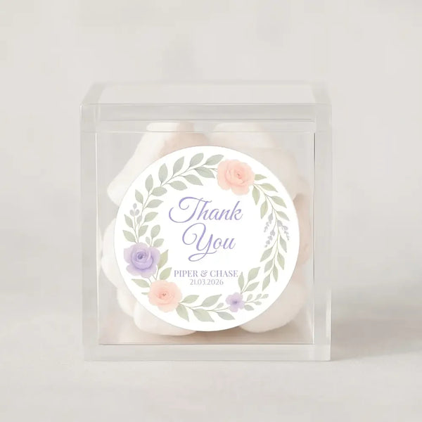 Personalised Floral Wedding Thank You Stickers – Custom Name & Date Pastel Wreath Labels - Sticksy Prints Australia