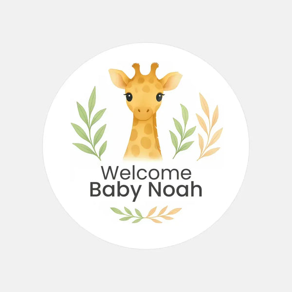 Personalised Giraffe Baby Shower Stickers – Safari Welcome Baby Favour Labels - Sticksy Prints Australia
