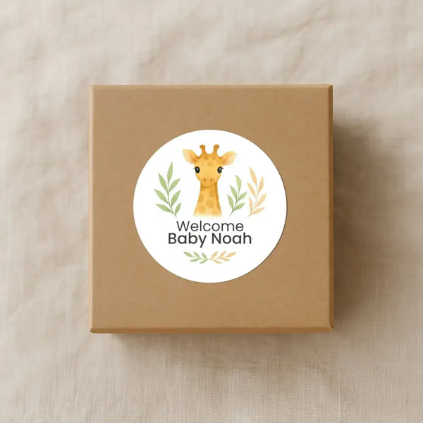Personalised Giraffe Baby Shower Stickers – Safari Welcome Baby Favour Labels - Sticksy Prints Australia