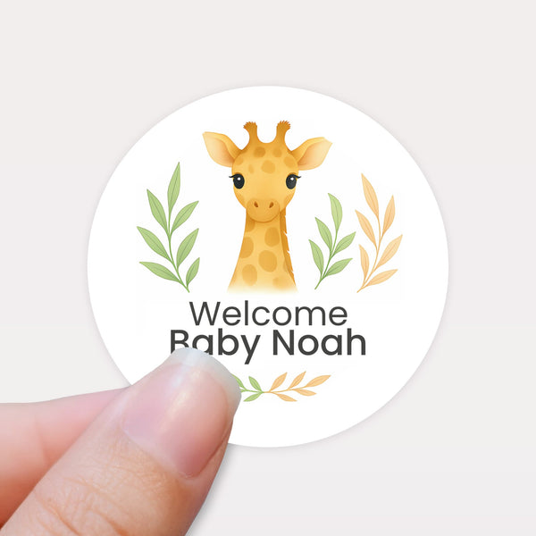 Personalised Giraffe Baby Shower Stickers – Safari Welcome Baby Favour Labels