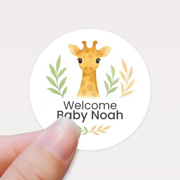 Personalised Giraffe Baby Shower Stickers – Safari Welcome Baby Favour Labels - Sticksy Prints Australia