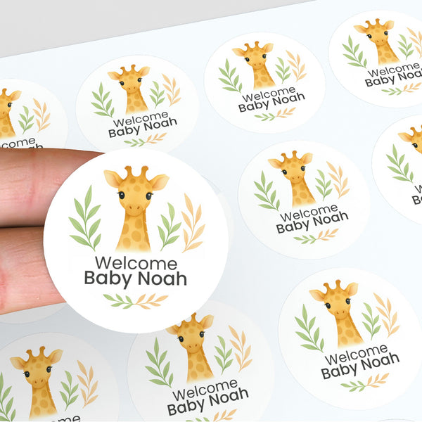 Personalised Giraffe Baby Shower Stickers – Safari Welcome Baby Favour Labels
