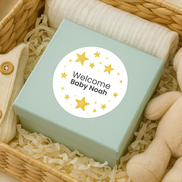 Personalised Golden Stars Welcome Baby Stickers – Celestial Gender-Neutral Favour Labels