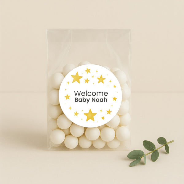 Personalised Golden Stars Welcome Baby Stickers – Celestial Gender-Neutral Favour Labels