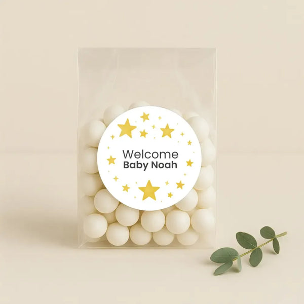 Personalised Golden Stars Welcome Baby Stickers – Celestial Gender-Neutral Favour Labels - Sticksy Prints Australia