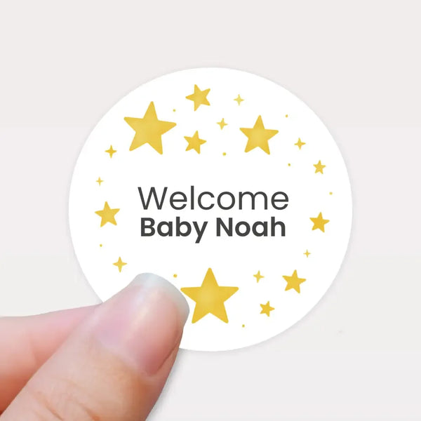 Personalised Golden Stars Welcome Baby Stickers – Celestial Gender-Neutral Favour Labels - Sticksy Prints Australia