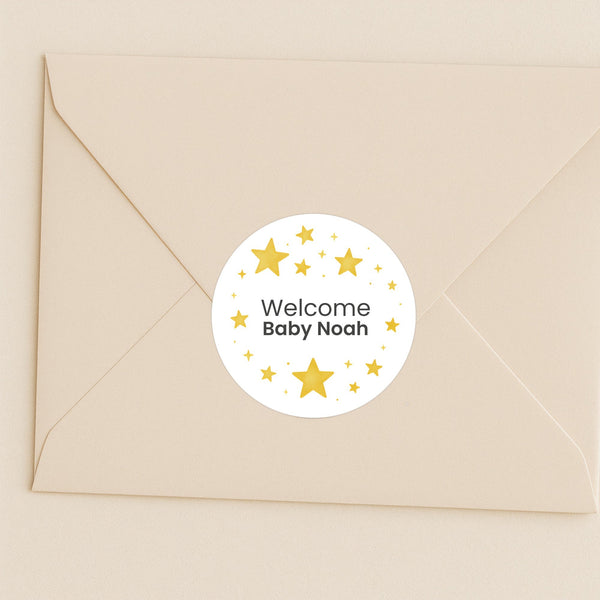Personalised Golden Stars Welcome Baby Stickers – Celestial Gender-Neutral Favour Labels