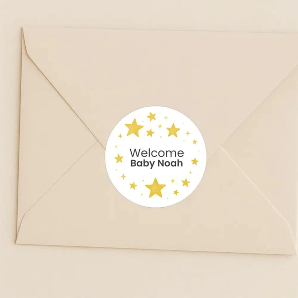 Personalised Golden Stars Welcome Baby Stickers – Celestial Gender-Neutral Favour Labels - Sticksy Prints Australia