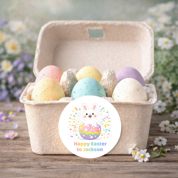 Personalised Happy Easter Stickers – Bunny Egg Pop Easter Labels for Kids