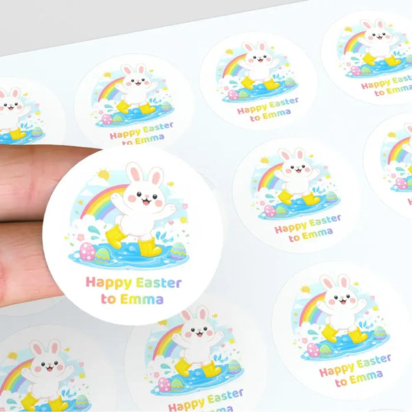 Personalised Happy Easter Stickers – Bunny Splash Easter Treat Labels for Kids - Sticksy Prints Australia