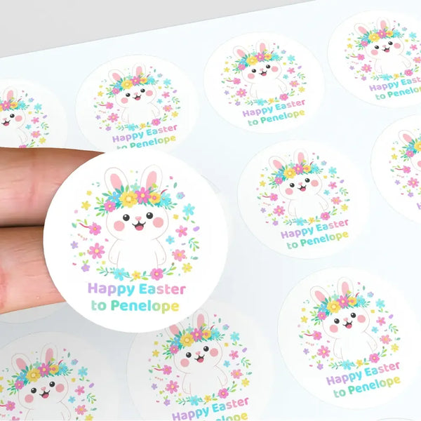 Personalised Happy Easter Stickers – Floral Bunny Easter Labels for Kids - Sticksy Prints Australia