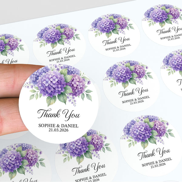 Personalised Hydrangea Wedding Thank You Stickers | Purple Floral Favour Labels