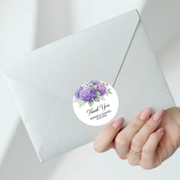 Personalised Hydrangea Wedding Thank You Stickers | Purple Floral Favour Labels - Sticksy Prints Australia