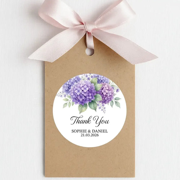 Personalised Hydrangea Wedding Thank You Stickers | Purple Floral Favour Labels - Sticksy Prints Australia