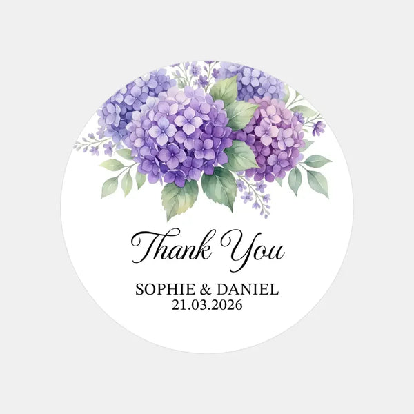 Personalised Hydrangea Wedding Thank You Stickers | Purple Floral Favour Labels - Sticksy Prints Australia