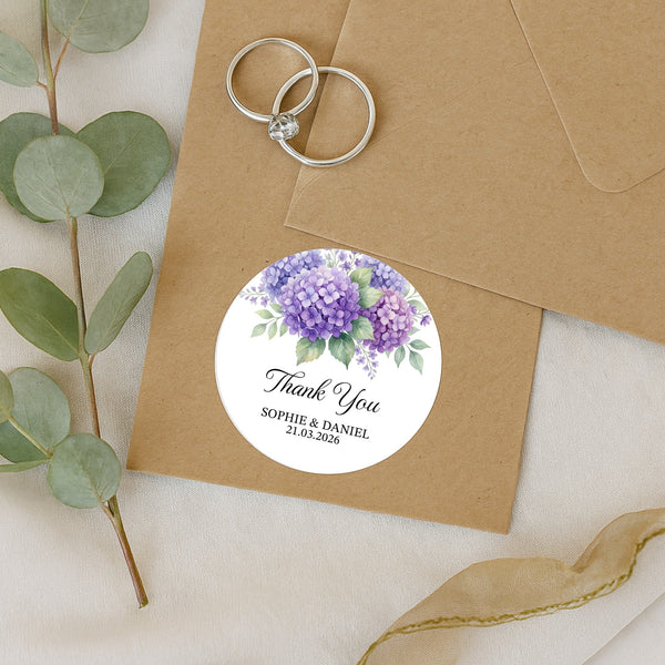 Personalised Hydrangea Wedding Thank You Stickers | Purple Floral Favour Labels