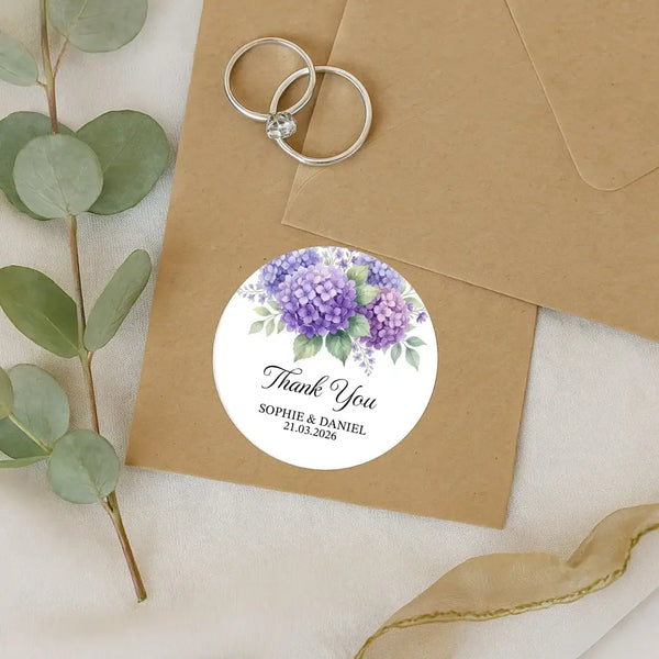 Personalised Hydrangea Wedding Thank You Stickers | Purple Floral Favour Labels - Sticksy Prints Australia