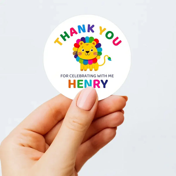 Personalised Kids Birthday Stickers Lion Rainbow Thank You Name Party Favour - Sticksy Prints Australia