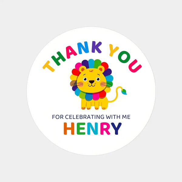Personalised Kids Birthday Stickers Lion Rainbow Thank You Name Party Favour