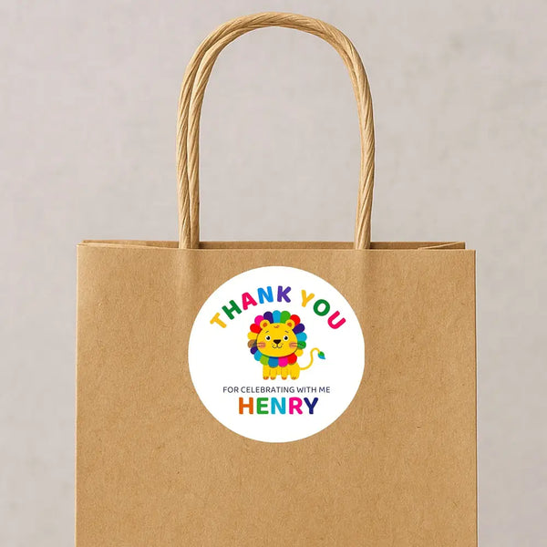 Personalised Kids Birthday Stickers Lion Rainbow Thank You Name Party Favour