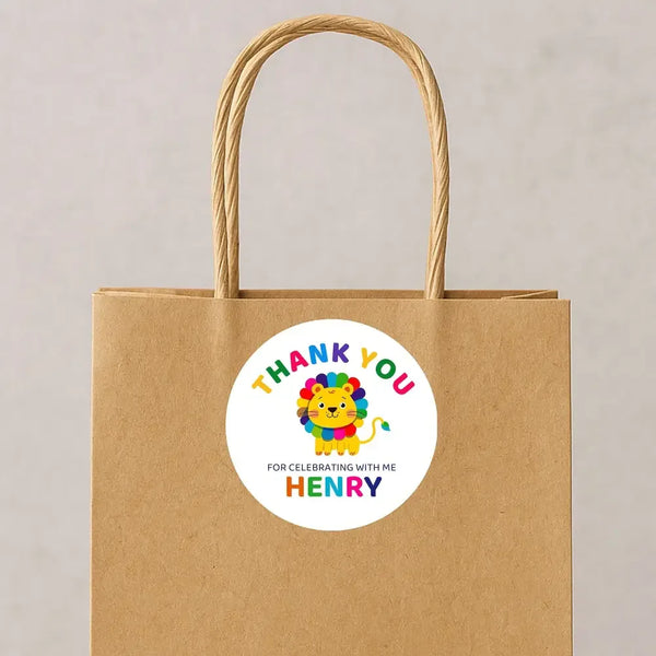 Personalised Kids Birthday Stickers Lion Rainbow Thank You Name Party Favour - Sticksy Prints Australia