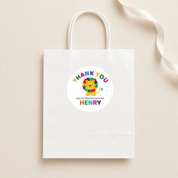 Personalised Kids Birthday Stickers Lion Rainbow Thank You Name Party Favour - Sticksy Prints Australia