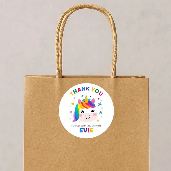 Personalised Kids Birthday Stickers Unicorn Rainbow Thank You Name Party Favour - Sticksy Prints Australia