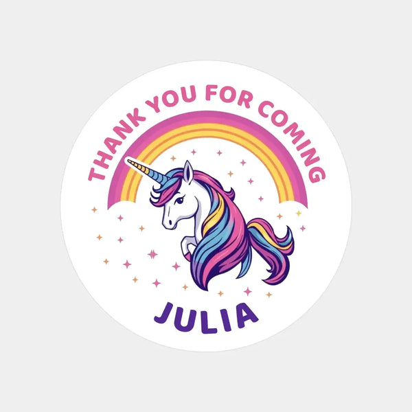 Personalised Kids Birthday Stickers Unicorn Rainbow Thank You Name Party Favours - Sticksy Prints Australia