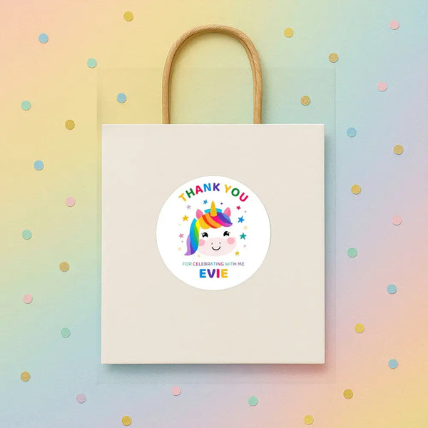 Personalised Kids Birthday Stickers Unicorn Rainbow Thank You Name Party Favour