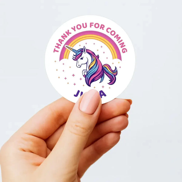 Personalised Kids Birthday Stickers Unicorn Rainbow Thank You Name Party Favours - Sticksy Prints Australia