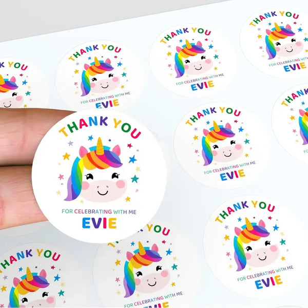 Personalised Kids Birthday Stickers Unicorn Rainbow Thank You Name Party Favour - Sticksy Prints Australia