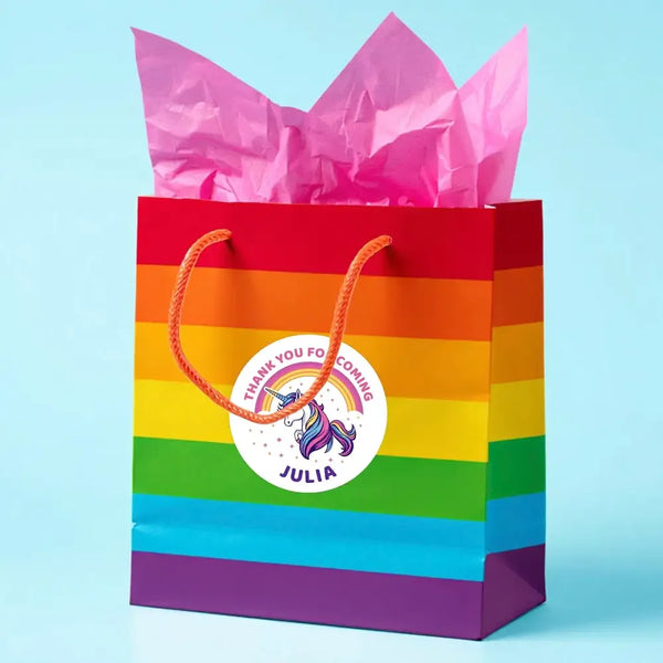 Personalised Kids Birthday Stickers Unicorn Rainbow Thank You Name Party Favours - Sticksy Prints Australia