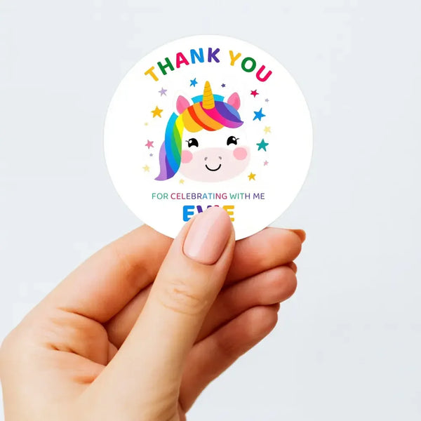 Personalised Kids Birthday Stickers Unicorn Rainbow Thank You Name Party Favour - Sticksy Prints Australia