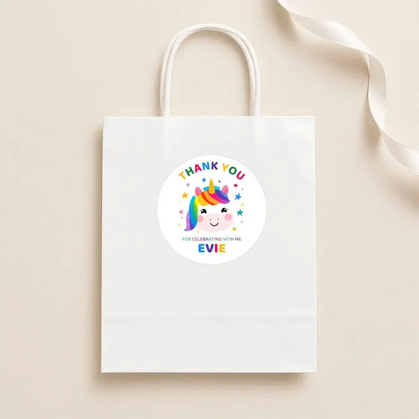 Personalised Kids Birthday Stickers Unicorn Rainbow Thank You Name Party Favour - Sticksy Prints Australia
