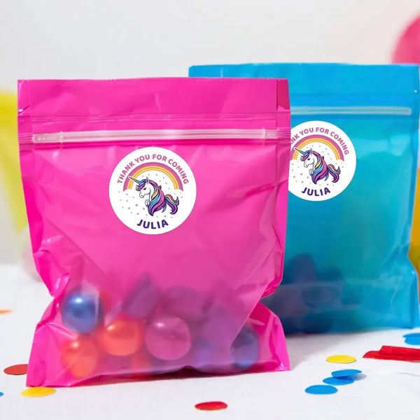 Personalised Kids Birthday Stickers Unicorn Rainbow Thank You Name Party Favours - Sticksy Prints Australia