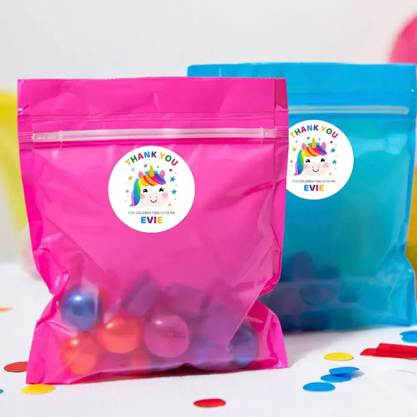 Personalised Kids Birthday Stickers Unicorn Rainbow Thank You Name Party Favour - Sticksy Prints Australia