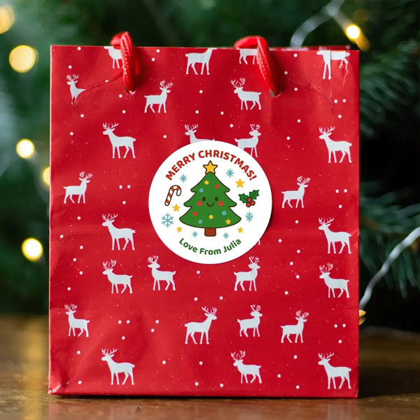 Personalised Kids Christmas Sticker Labels Cute Xmas Trees Merry Christmas - Sticksy Prints Australia