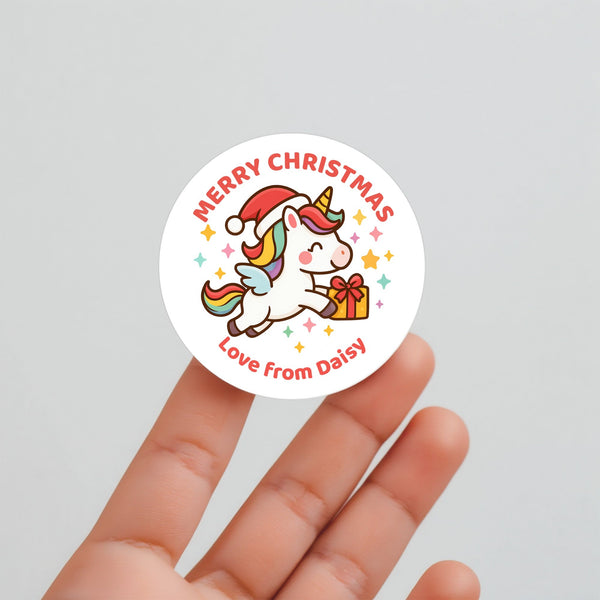Personalised Kids Christmas Sticker Labels β Flying Unicorn