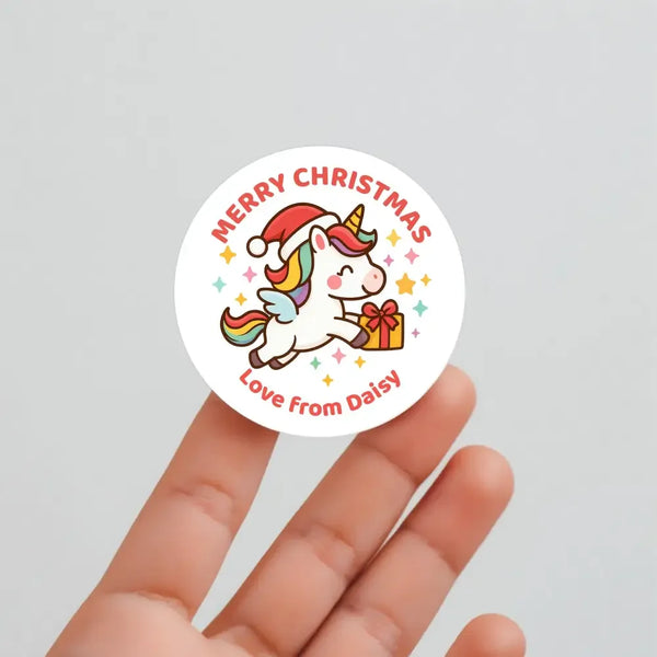 Personalised Kids Christmas Sticker Labels β Flying Unicorn - Sticksy Prints Australia