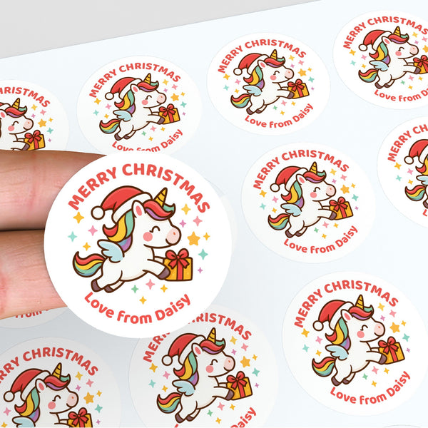 Personalised Kids Christmas Sticker Labels β Flying Unicorn