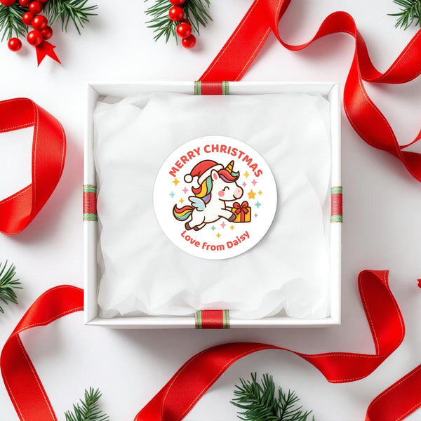 Personalised Kids Christmas Sticker Labels β Flying Unicorn