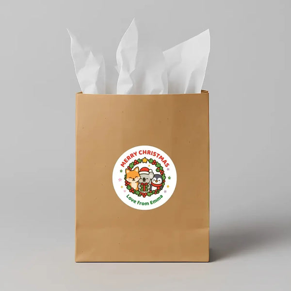 Personalised Kids Christmas Sticker Labels – Wreath Animals - Sticksy Prints Australia