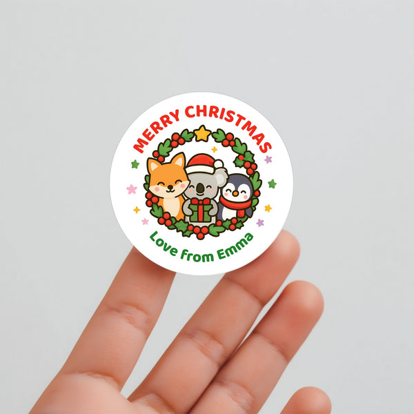Personalised Kids Christmas Sticker Labels – Wreath Animals