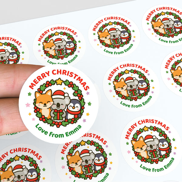 Personalised Kids Christmas Sticker Labels – Wreath Animals