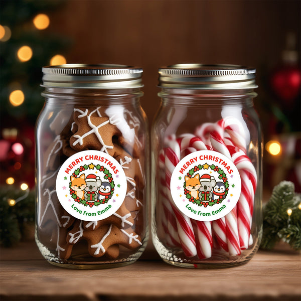 Personalised Kids Christmas Sticker Labels – Wreath Animals